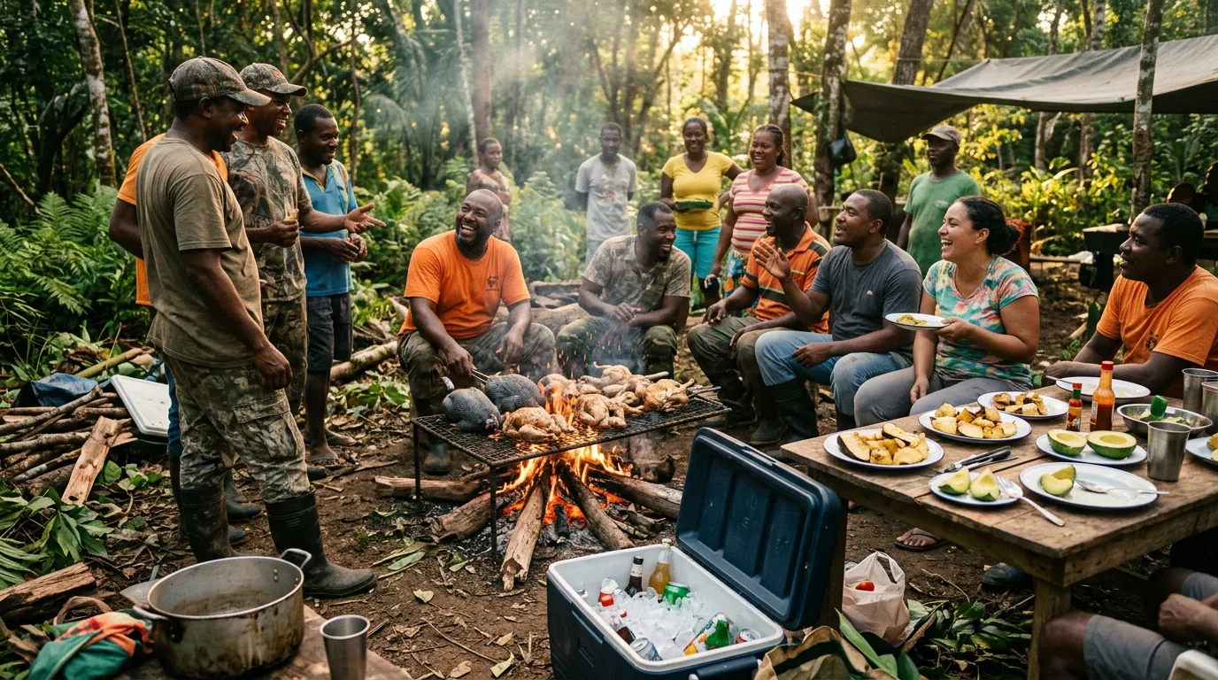 A lively outdoor bush cookout with hunters and community gathered around a fire
