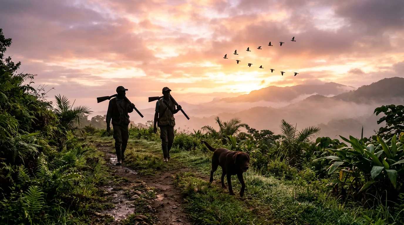 Two Jamaican hunters silhouetted against a dawn sky with a Labrador retriever