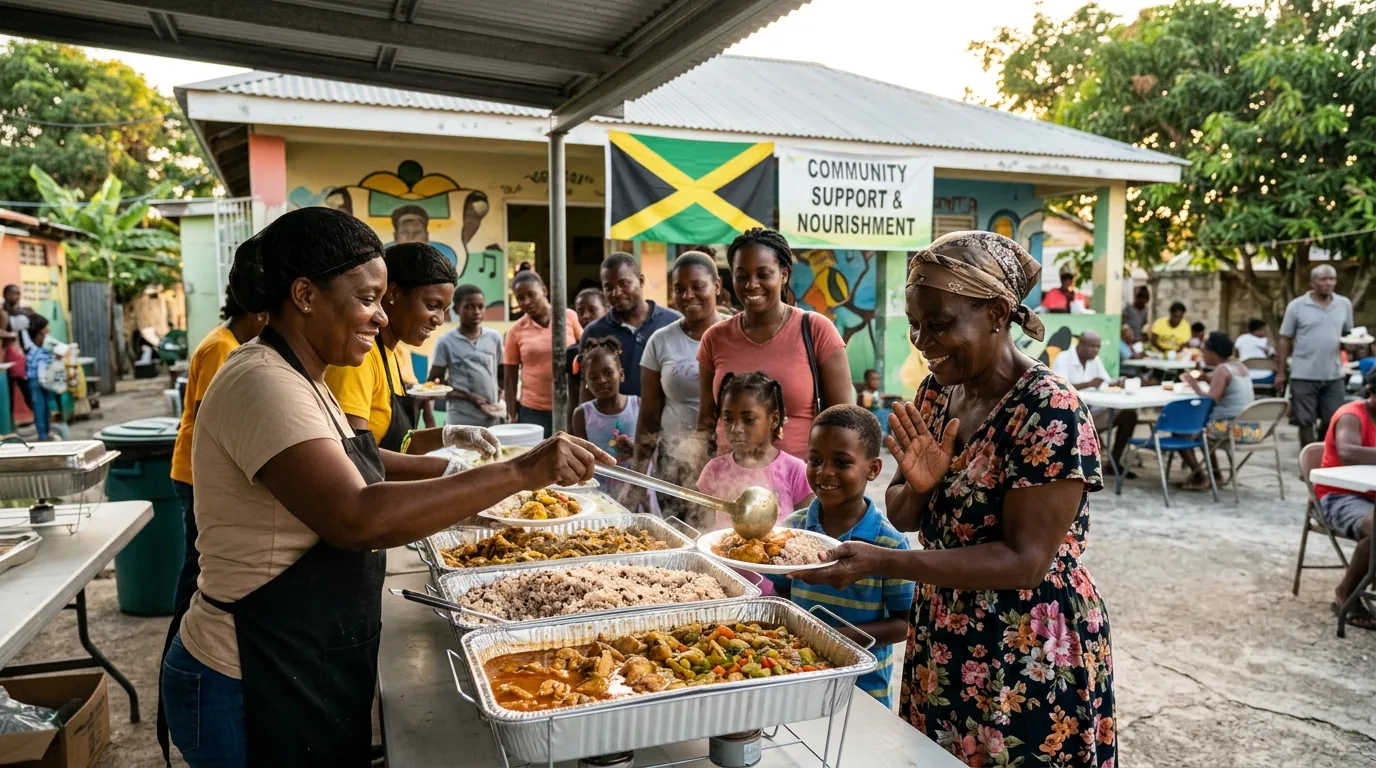 Volunteers serving hot meals at an outdoor community kitchen in Jamaica