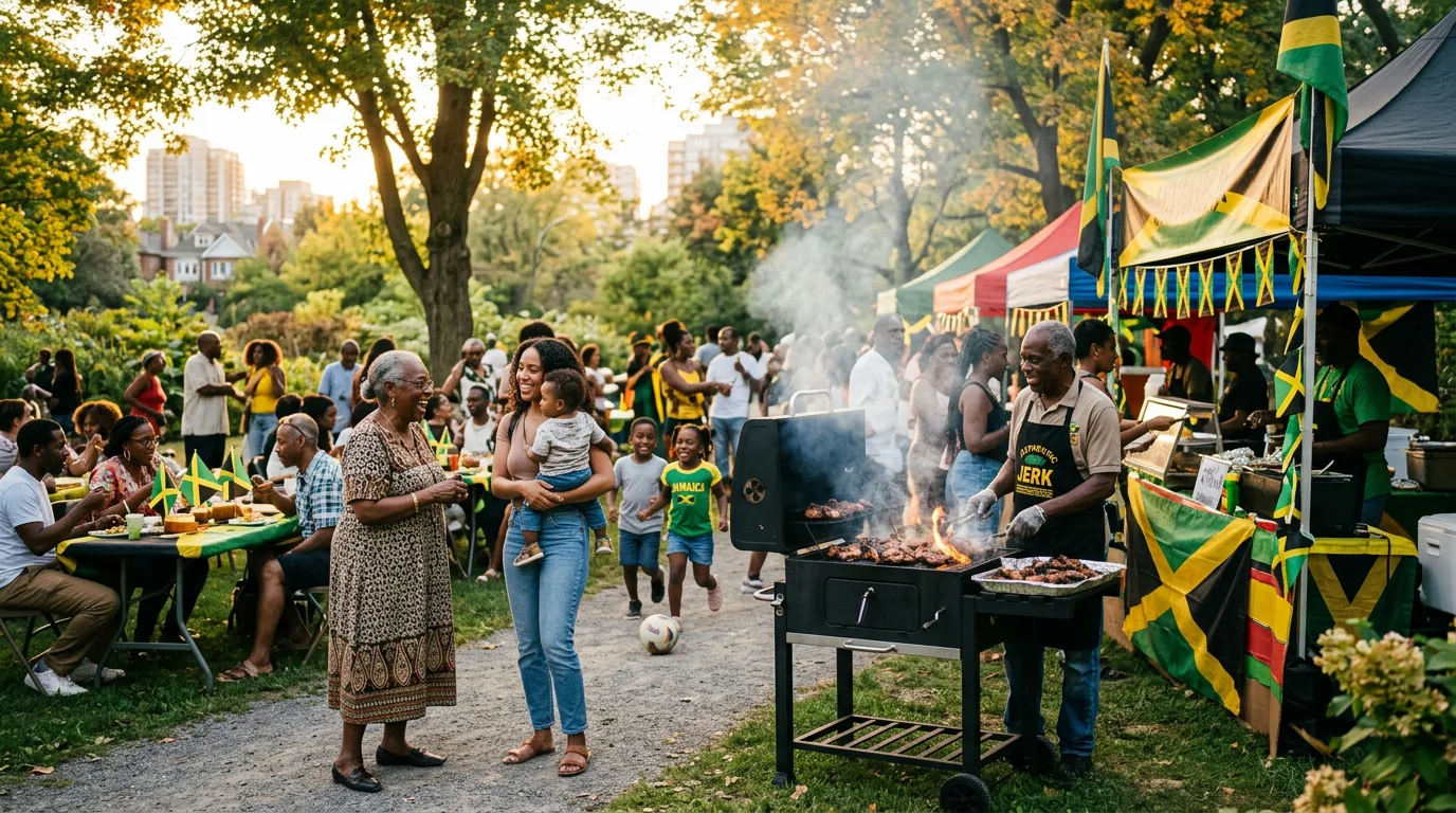 A vibrant Caribbean community gathering in a city park