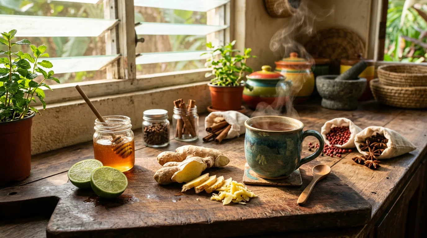 A rustic Jamaican kitchen scene with freshly sliced ginger and steaming tea