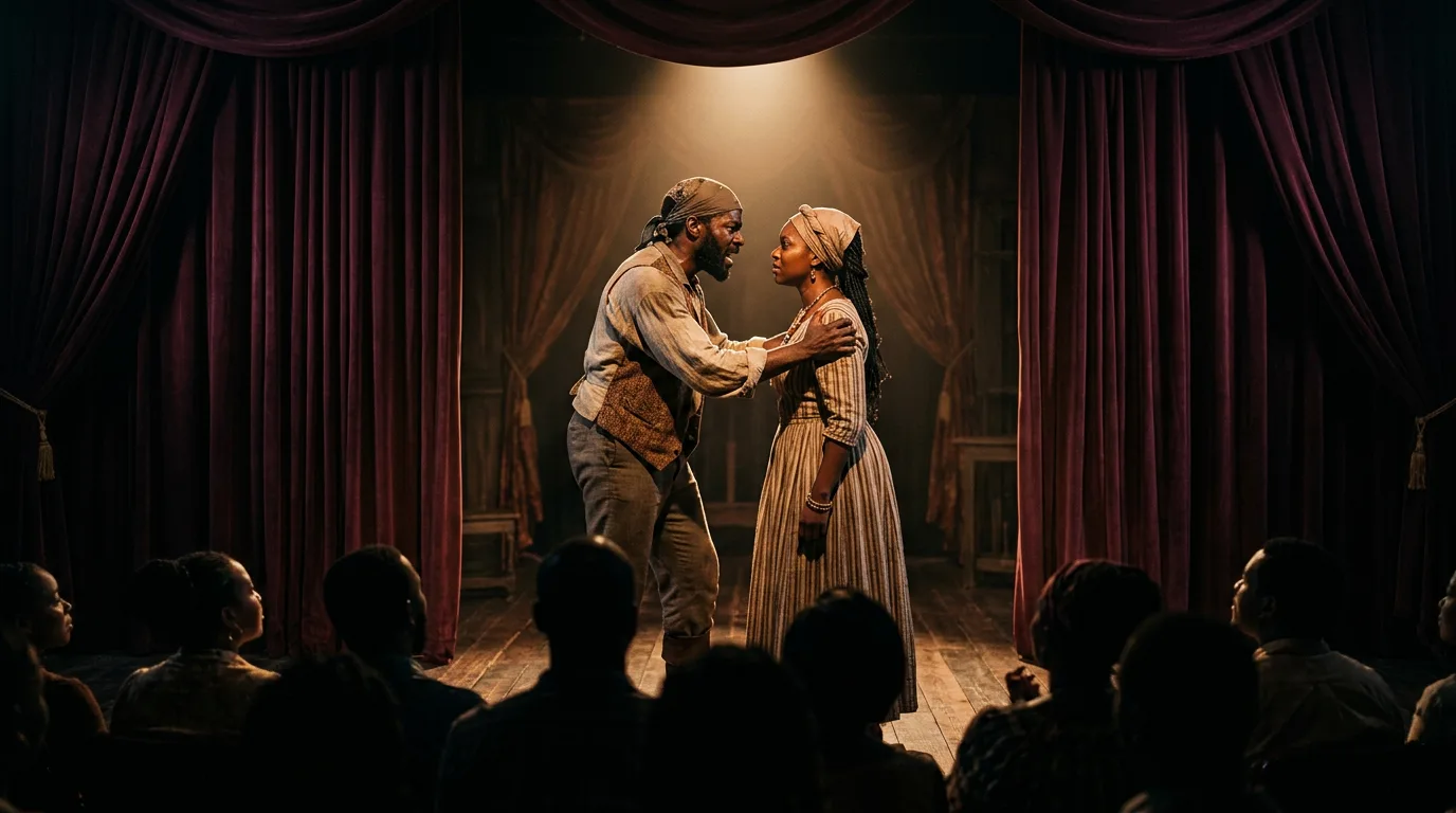 Jamaican theatre performers on a dramatically lit stage