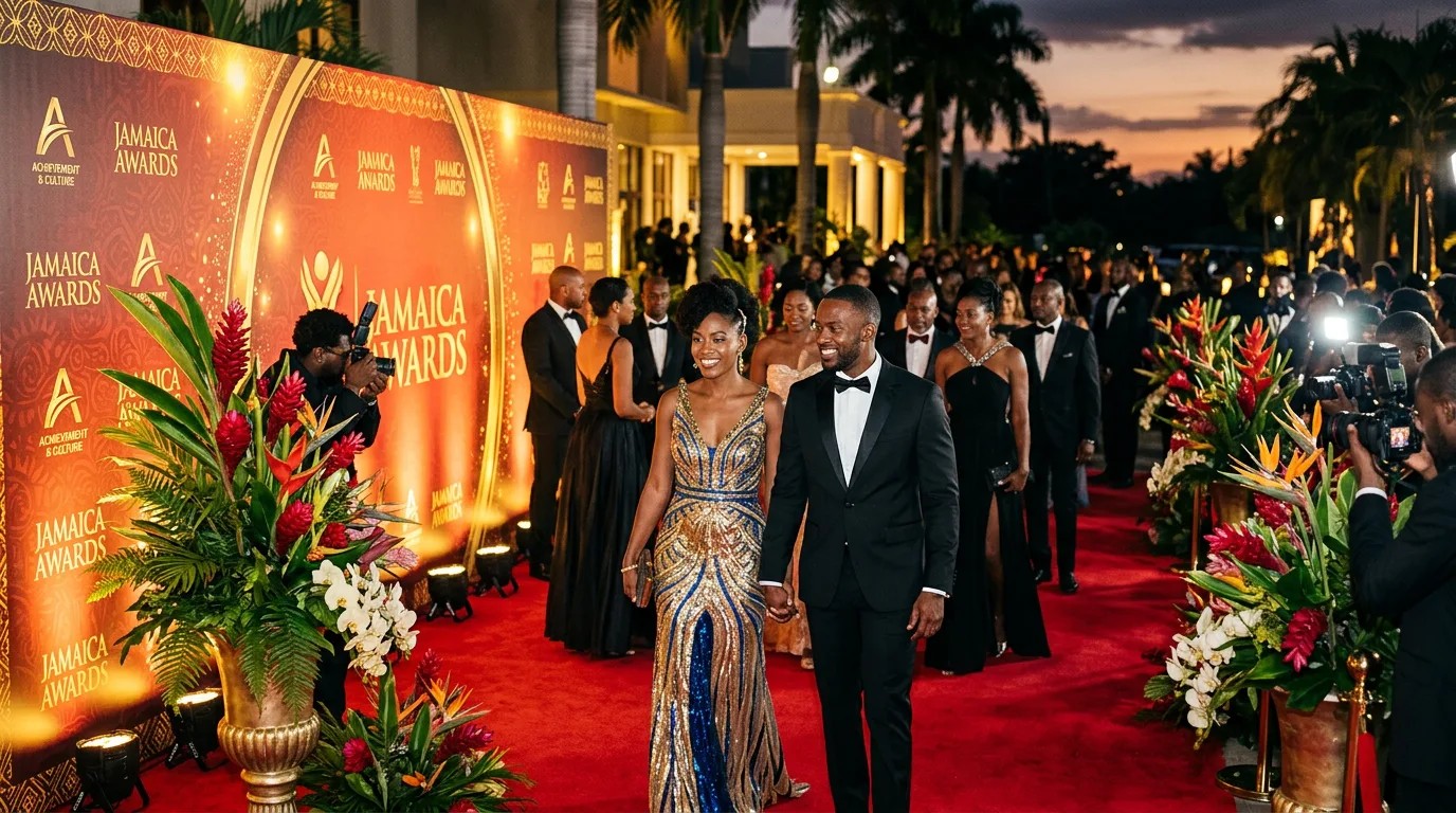 An elegant awards ceremony red carpet scene in Jamaica