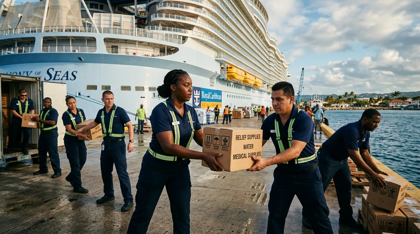 Crew members passing boxes of relief supplies from ship to shore