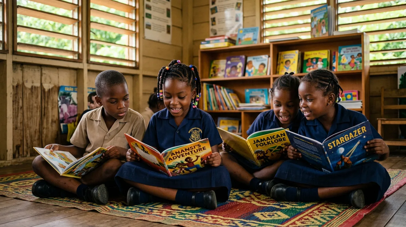 Jamaican schoolchildren absorbed in reading picture books