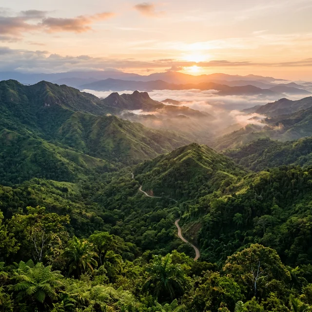 Aerial view of Jamaica's lush green mountains at sunset