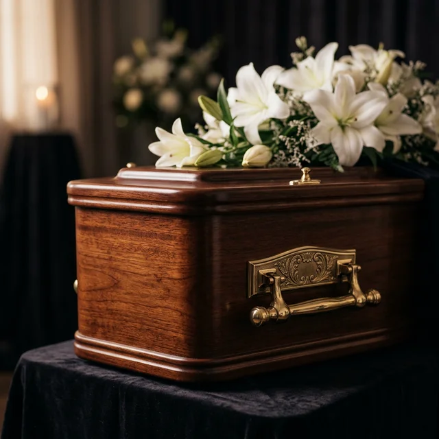 Luxury mahogany casket with white lilies