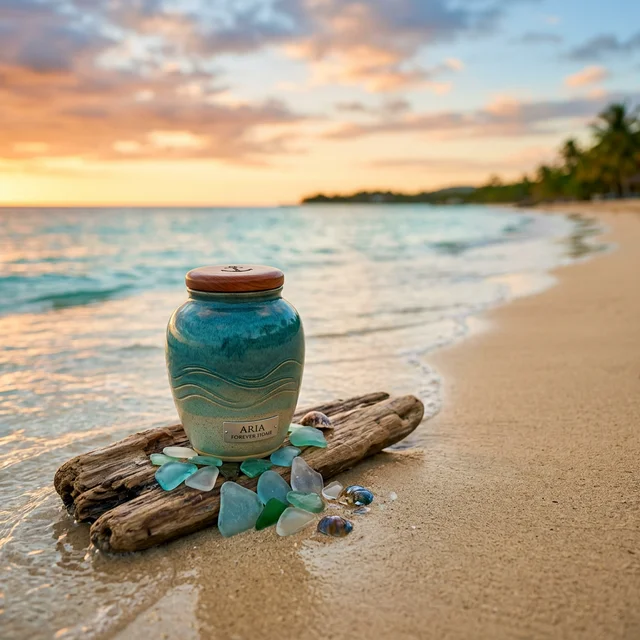 Elegant premium cremation urn resting gently on a pristine Jamaican beach at sunset