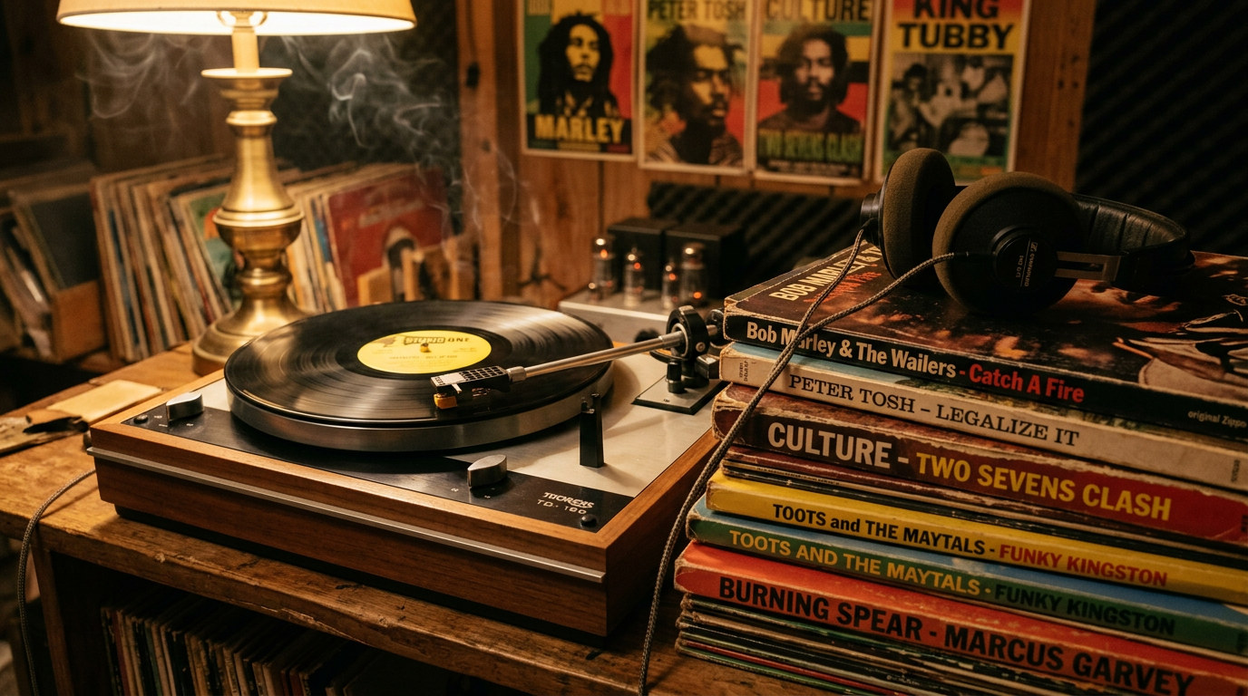 A turntable playing a vinyl record with classic reggae albums