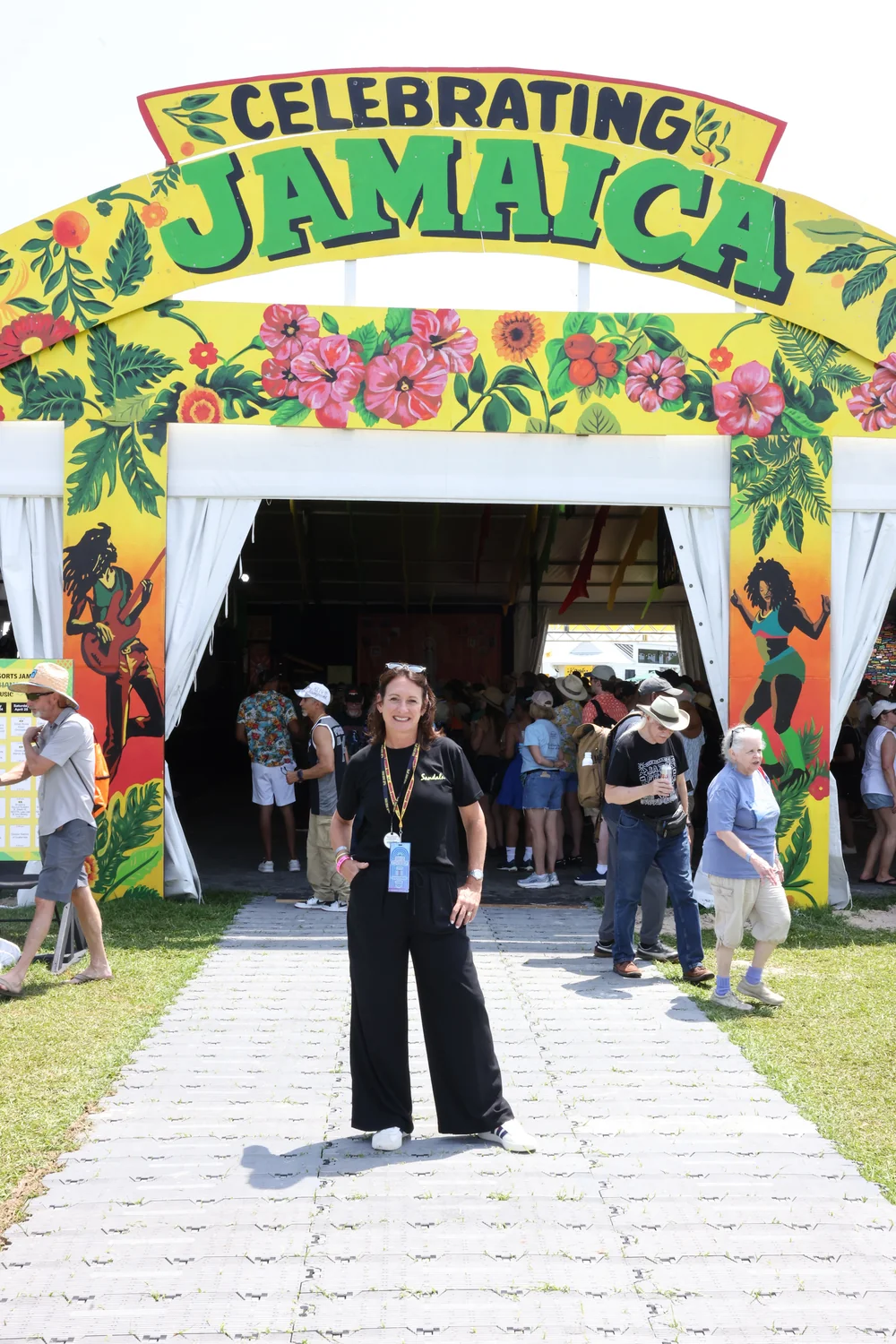 The Celebrating Jamaica tent entrance at the Sandals Cultural Exchange Pavilion, Jazz Fest 2026